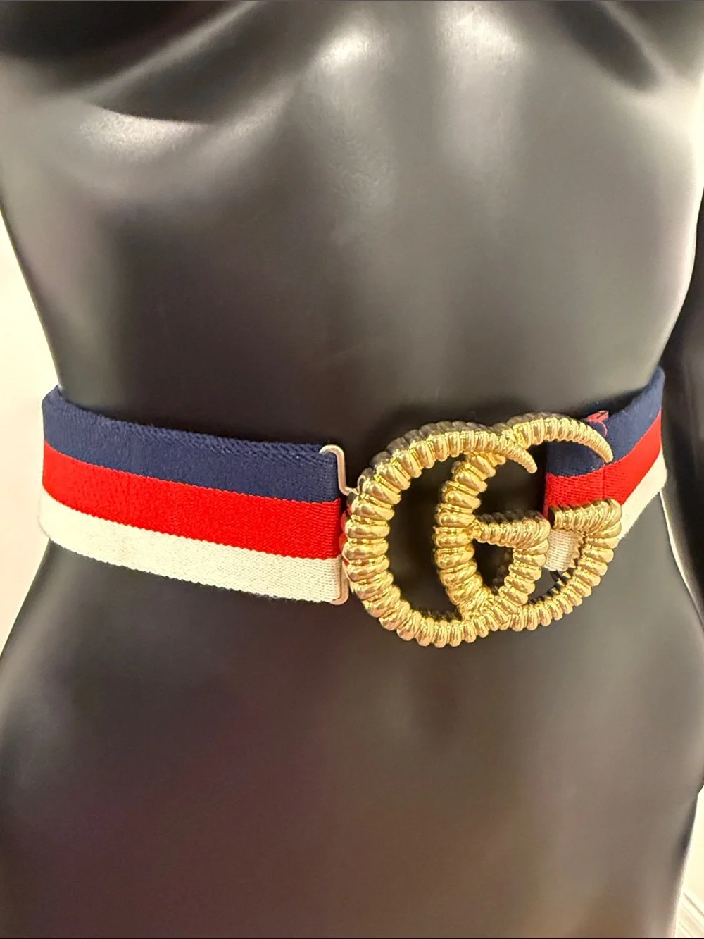 NWT Gucci Web Double G Elastic Belt Navy Red Ivory Gold Buckle Size 75/36 Made i